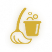 Gold mop and bucket cleaning icon with subtle black-and-gold glow, representing South East Sleepers’ thorough, guest-ready cabin and caravan cleaning for hosts.
